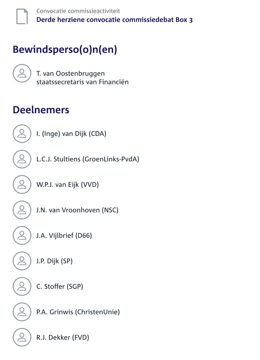 Deelnemerslijst Box 3 debat donderdag 20 februari